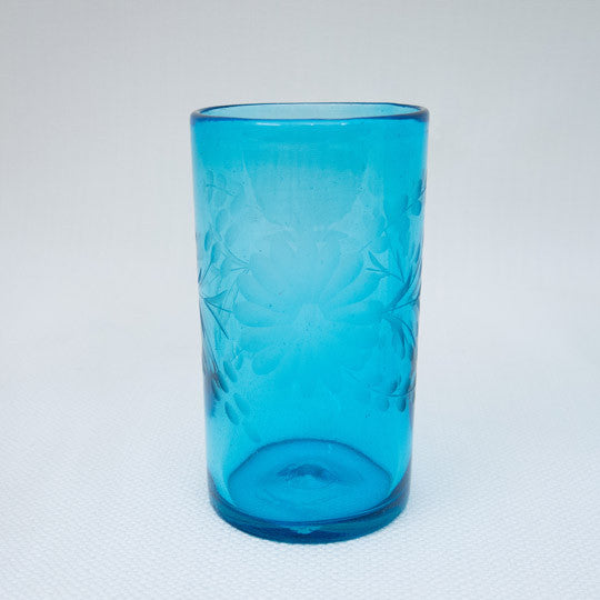 Aqua Handblown Etched Glassware